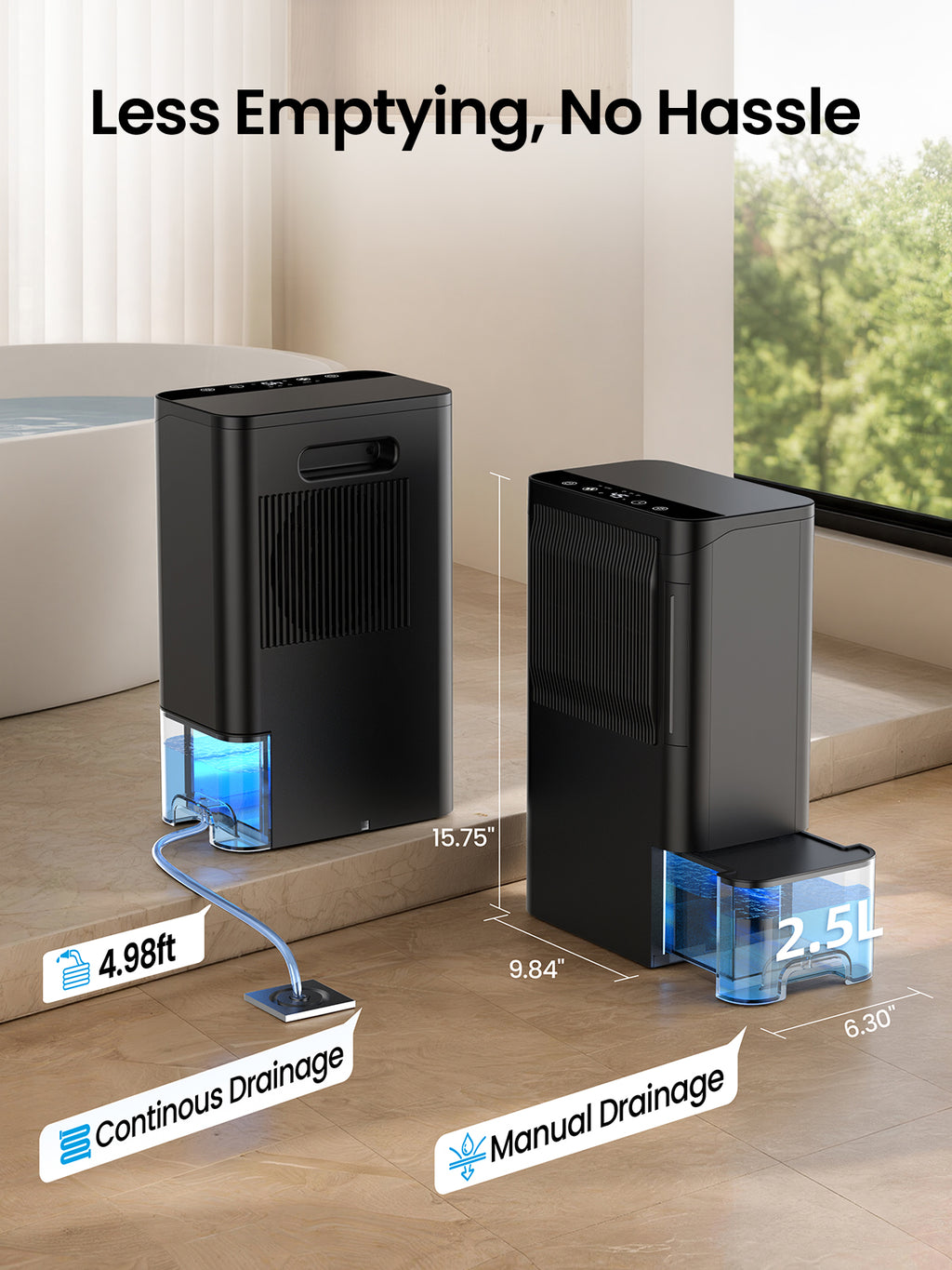 Dehumidifiers for Home 1500 Sq.Ft, 2.5L Tank, 35dB Quiet, New Rotary Technology Dehumidifier with Drain Hose, Works Down to 1°C/34°F, Auto Shutoff, Ideal for Basement Bedroom Bathroom RV Closet